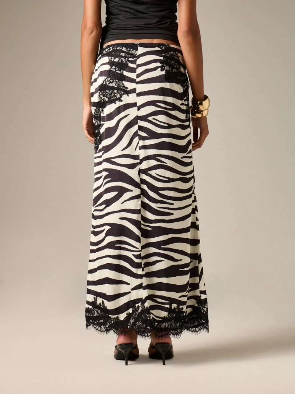 Multicolor Elegant Women's Zebra Print Maxi Skirt With Lace Trim